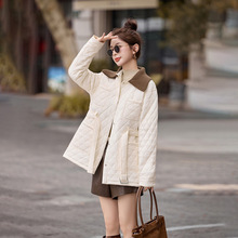 2025秋冬新品女时尚直筒宽松菱形收腰中长款经典棉服外套WN1060