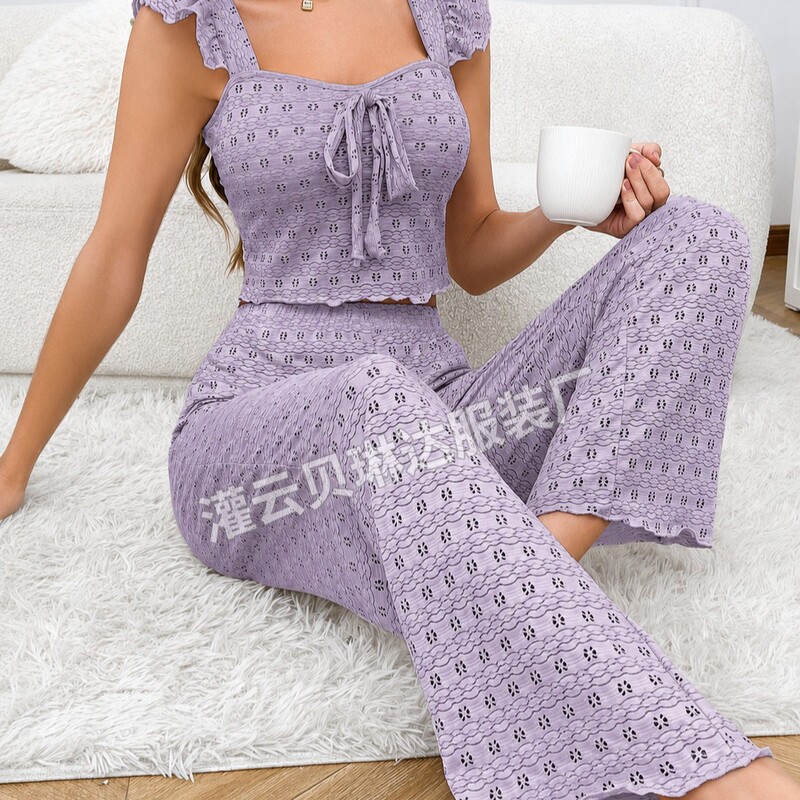 Cross-border women's jacquard pajamas with ruffled shoulder straps, chest tie, short top, and wide-leg long pants two-piece set wholesale Cross-border women's jacquard pajamas with ruffled shoulder straps, chest tie, short top, and wide-leg long pants two-piece set wholesale