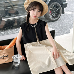 女童夏季時尚拼色連衣裙2024新款大兒童洋氣可愛公主裙女孩長裙子