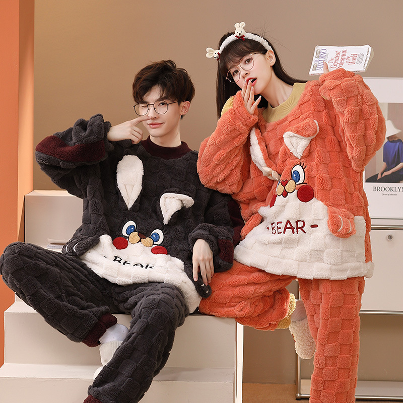 冬季新款季情侣睡衣加绒加厚提花法兰绒卡通长袖情侣两件套装包邮|ms