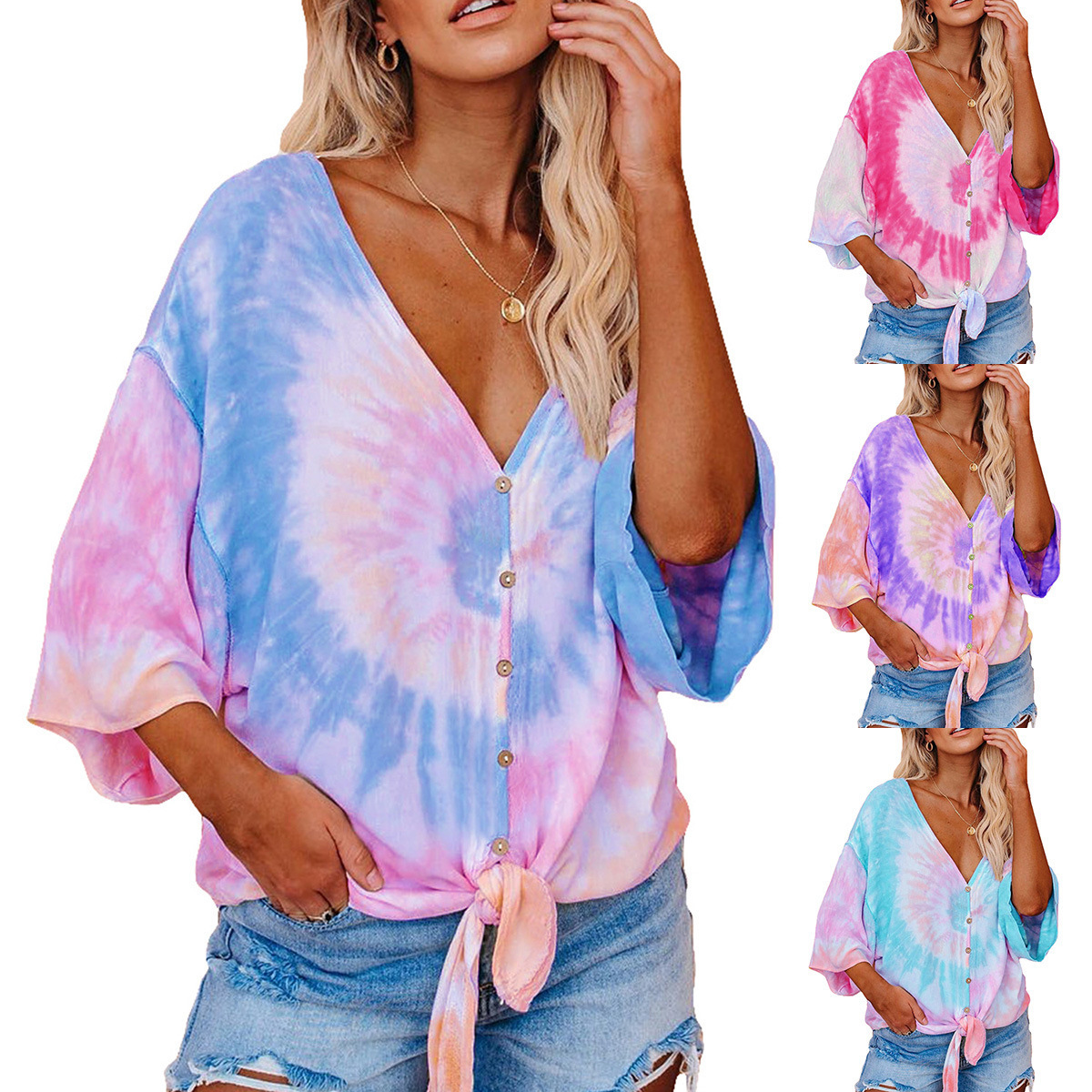 new women's amazon wish hot sale tie-dye printing hedging seven-point bat sleeve t-shirt