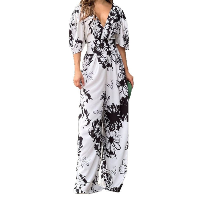 Mono elegante de manga murciélago con estampado holgado y cintura alta para mujer, nueva colección primavera-verano 2025 de comercio exterior transfronterizo.
