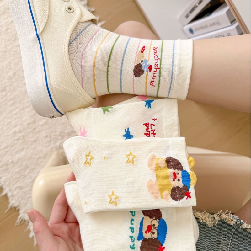 Socks Women's Mid-Socks Pure Cotton Spring and Autumn Thin Stacking Socks Ins Fashionable Socks Cotton Socks Summer Cartoon Striped Dachshund Dog