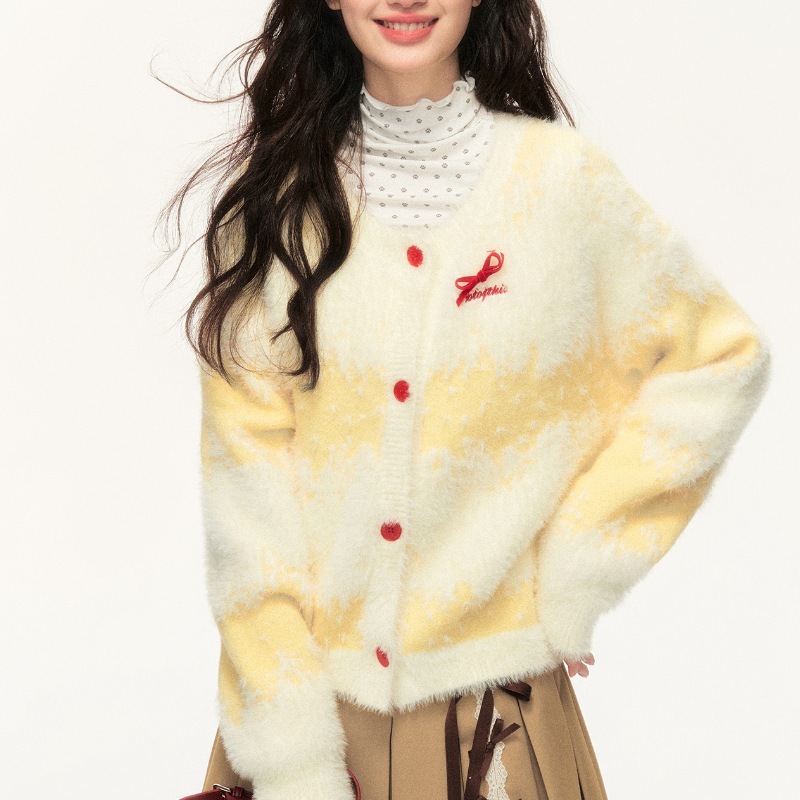 Amarillo lechoso largo cabello gradiente rayas sueltas cardigan de punto universal arco dulce suéter de viento perezoso abrigo mujer image 3