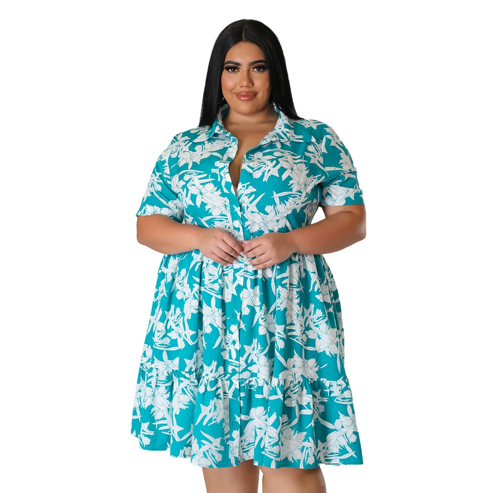 Платье-рубашка женское, европейский стиль, plus size, с короткими рукавами, миди (2XL–5XL)