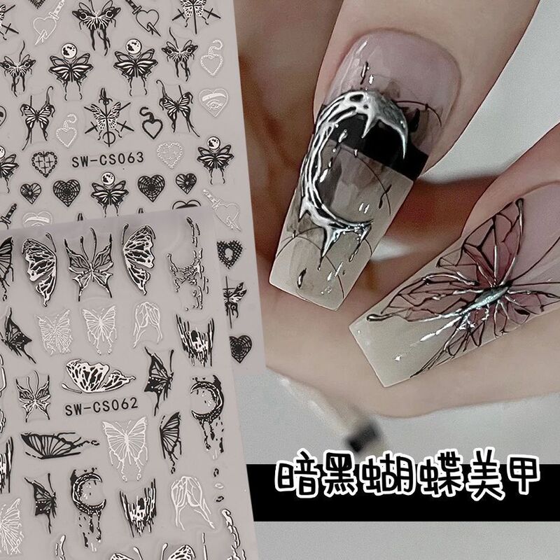 Dark butterfly nail stickers elegant liquid metal butterfly melting silver star Moon hot girl style nail decals nail shop