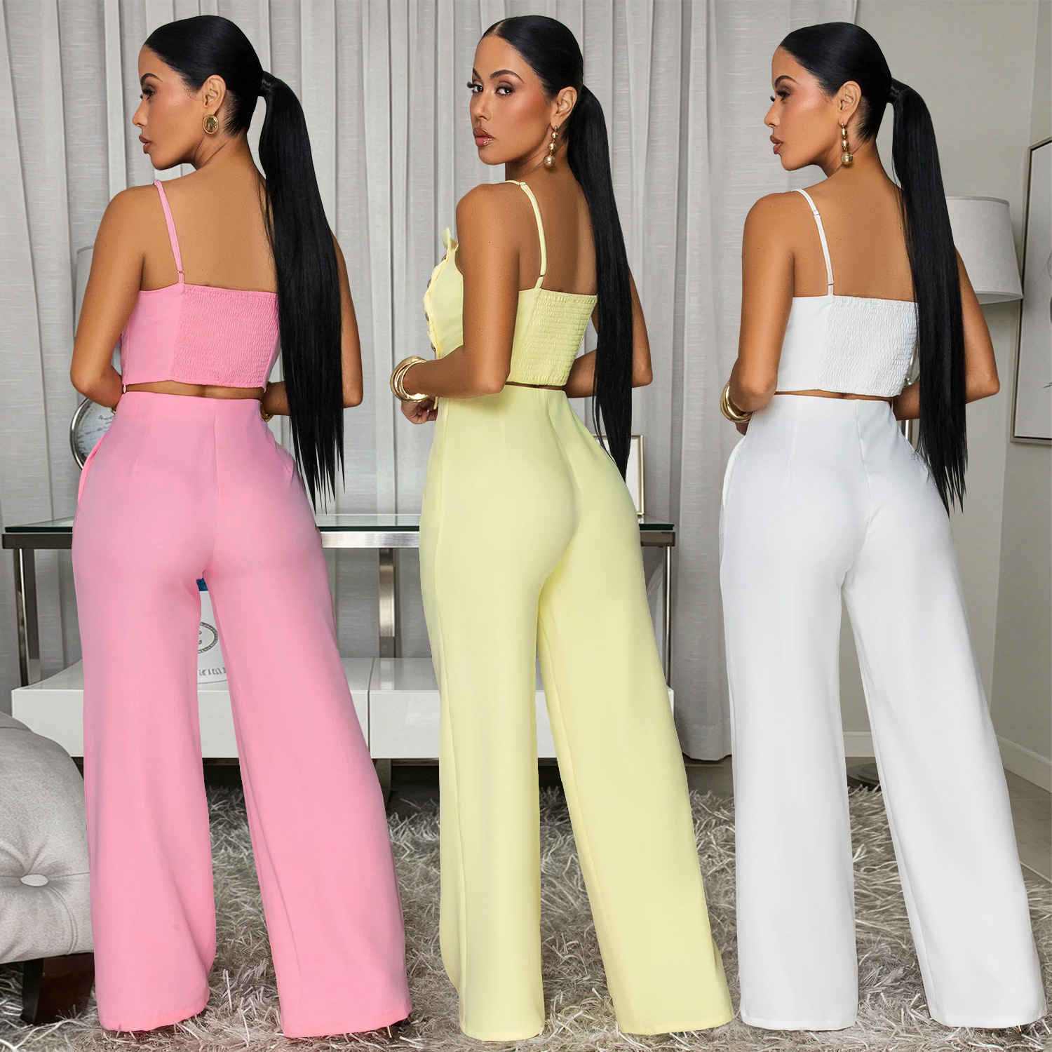 C7739 transfronterizo 2026 nueva ropa de mujer de color sólido pliegue hebilla de metal chaqueta de cinturón pantalones largos de piernas largas dos piezas set