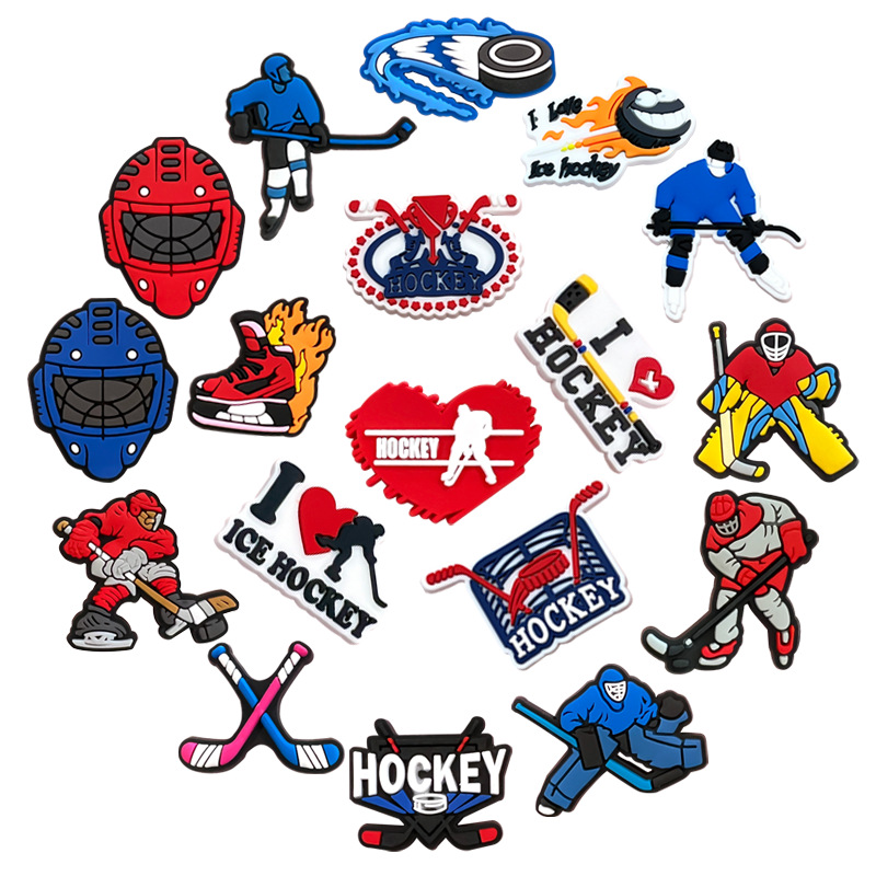 Nuevos zapatos con agujeros de dibujos animados deportivos de hockey sobre hielo, zapatos, zapatos, botones, ropa deportiva, accesorios para sandalias, estilo caliente de Amazon