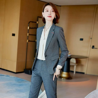 灰色职业套装女春夏白领西服面试装正装酒店前台工装售楼处工作服