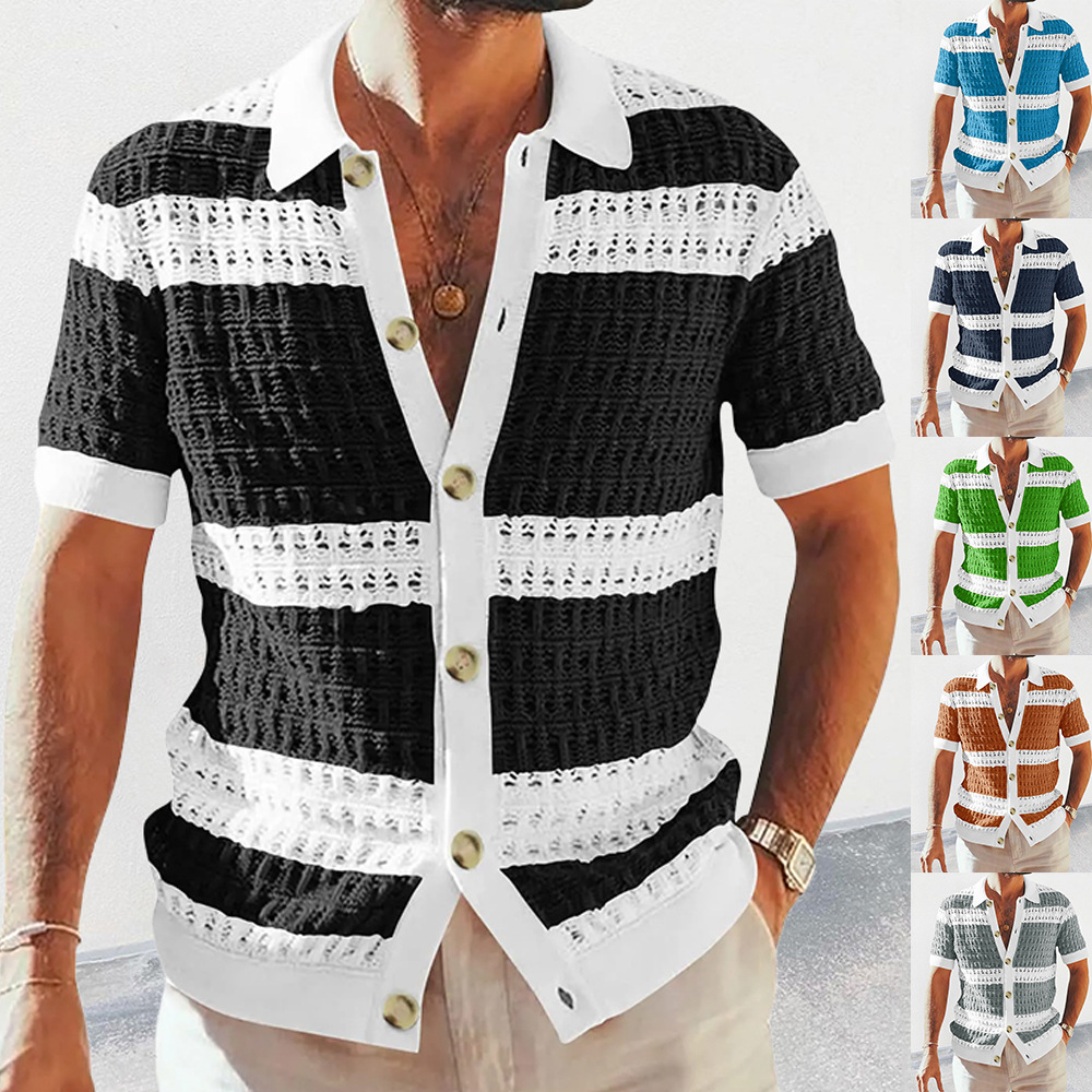 2025 Summer New Knit Shirt With Turn-down Collar, Short Sleeves, Color Block Design, Hollow Out Cardigan, Cross-border_voghion.com