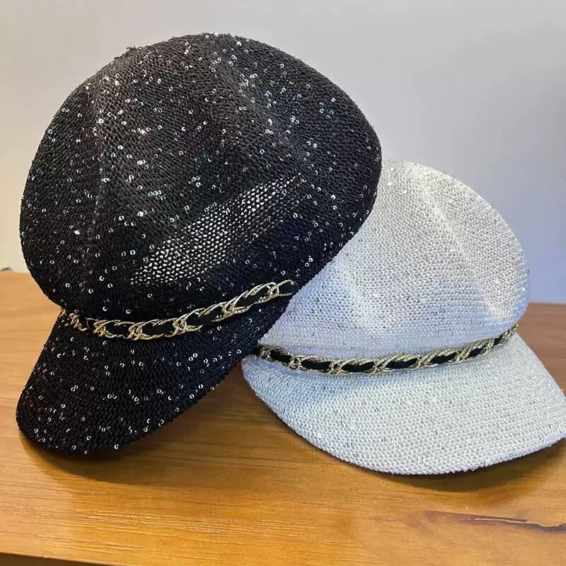 Spring and Summer New Korean Style Trendy Fashion Sequin Octagonal Hat for Women Niche Hollow Breathable Face-Showing Duckbill Hat Sunshade
