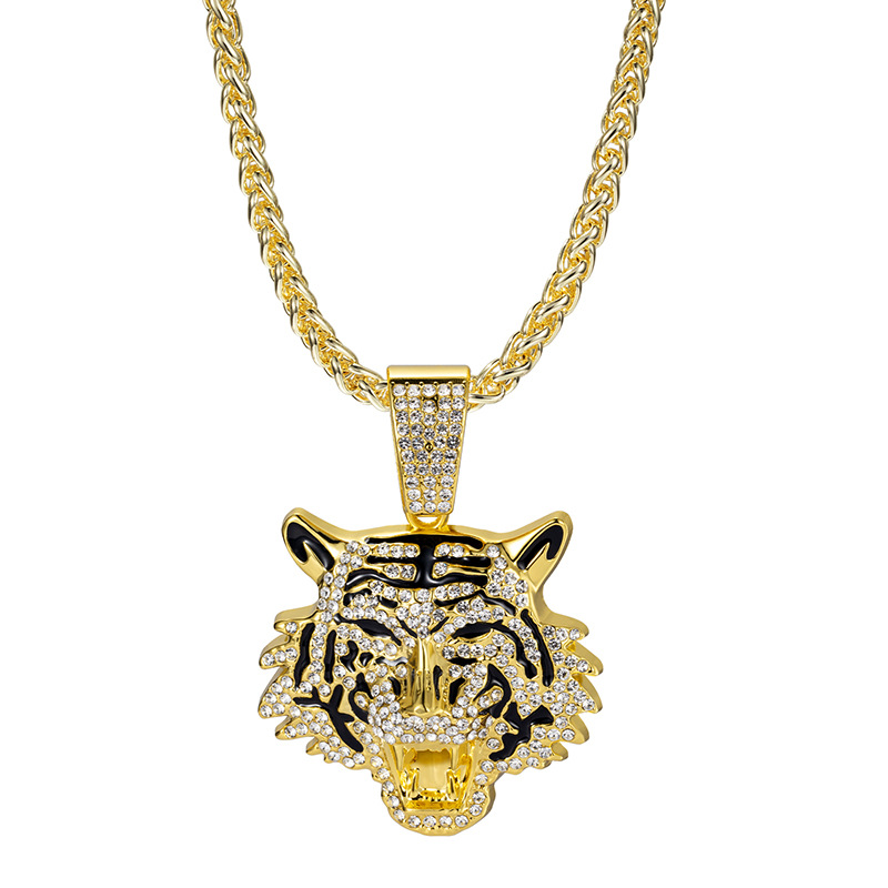 New European And American Alloy Diamond Studded Domineering Tiger Head Pendant Necklace, Hip-hop Trend Men's Accessories_voghion.com