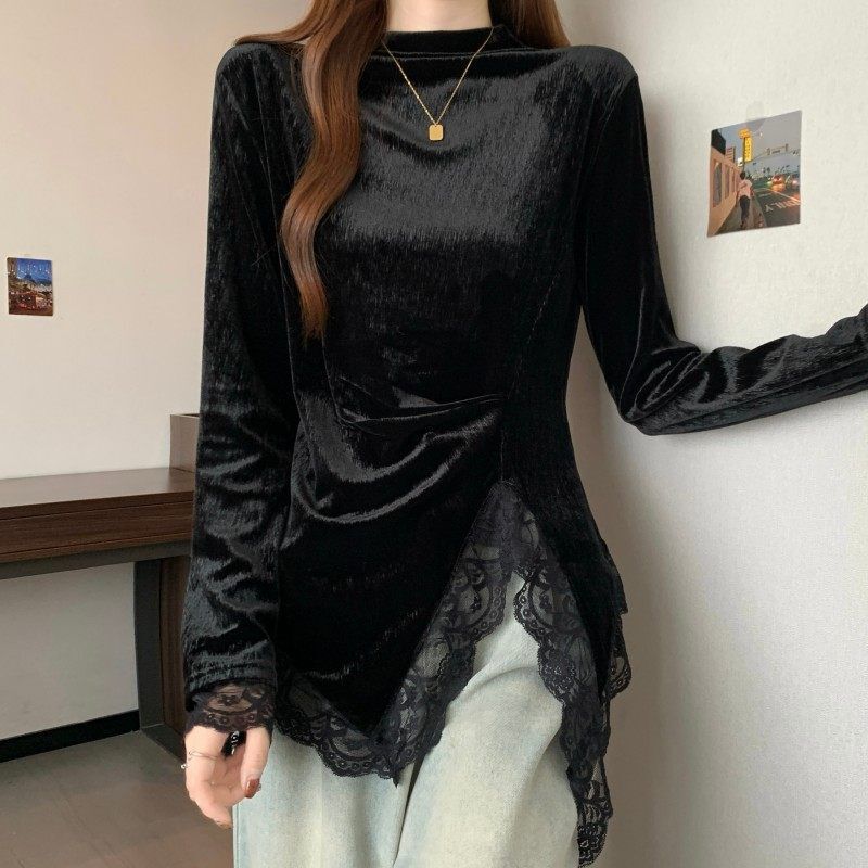 Korean-Style Lace Splicing Velvet Long-Sleeve T-Shirt for Women, Autumn and Winter Slim-Fit Design with Irregular Base Layer Top