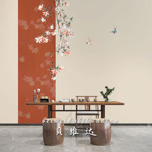 新中式古风壁纸手绘花鸟美容院养生馆壁画客厅卧室茶室背景红墙纸