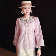 Nanyou ハイエンド婦人服レーヨンカットフラワートップ夏の新しい中国風刺繍ステッチ酢酸レトロ唐スーツ