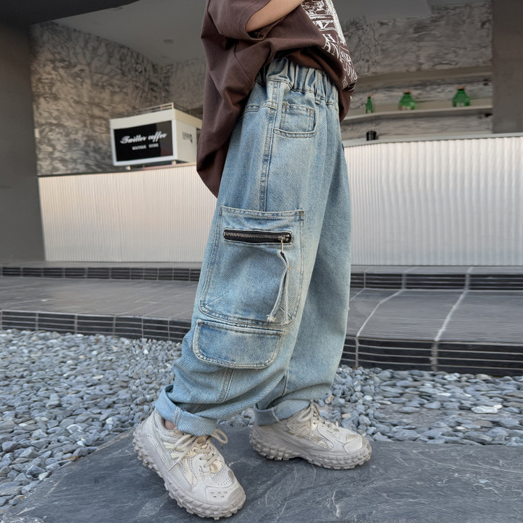 A502 Boys Denim Pocket Zipper Workwear Wide Leg Pants New Children's Miscellaneous European And American Jeans_voghion.com