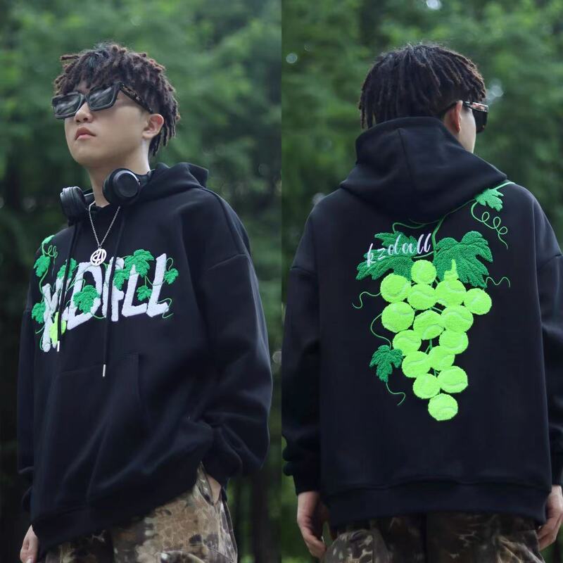 American High Street Grape Tennis Embroidery Hooded Sweatshirt for Men and Women in Autumn and Winter Fleece-Lined and Thickeneded Loose Trendy Brand Heavy Jacket American High Street Grape Tennis Embroidery Hooded Sweatshirt for Men and Women in Autumn and Winter Fleece-Lined and Thickeneded Loose Trendy Brand Heavy Jacket