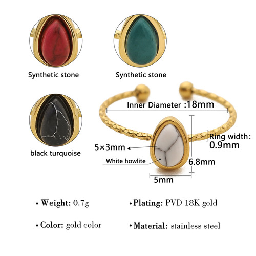 Yachan jewelry cross-border accessories 18K water drop natural stone ring European and American fashion simple open titanium steel ring