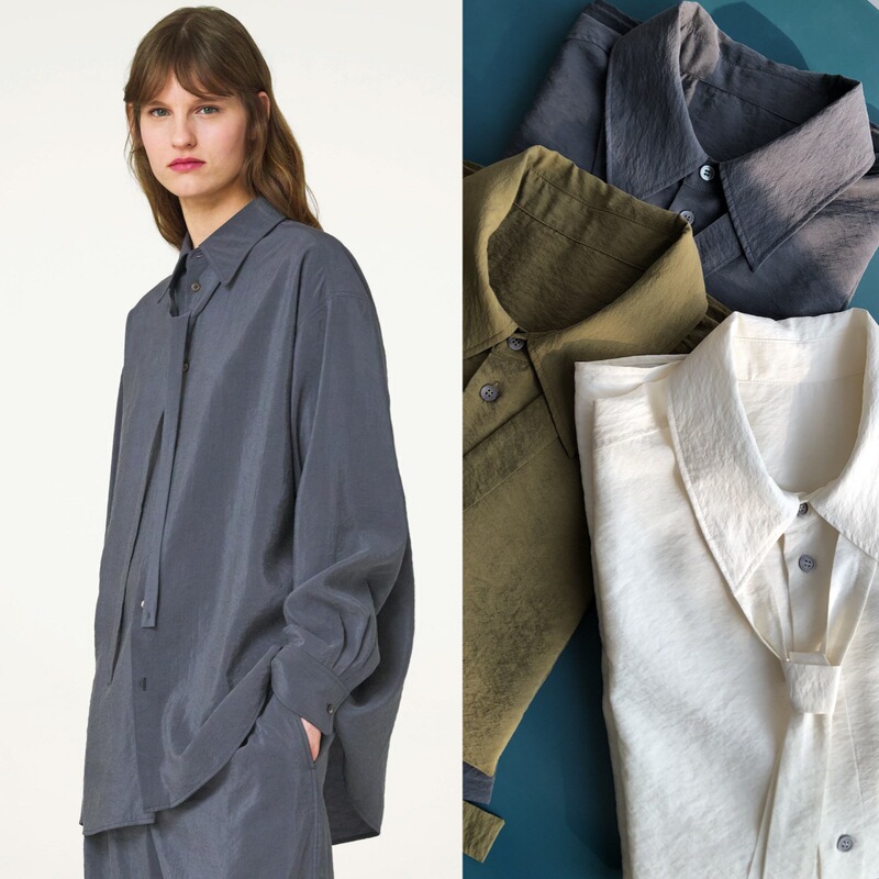 Dry silk small ribbon · French retro clean and neat large profile texture sand washed silk brocade long sleeve shirt