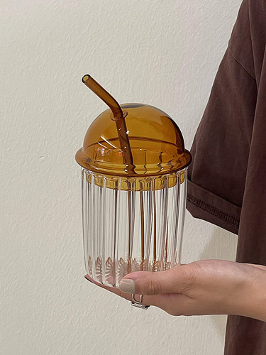 444Z wholesale simple striped glass straw cup ins style cute juice bubble water cup with lid heat-resistant coffee