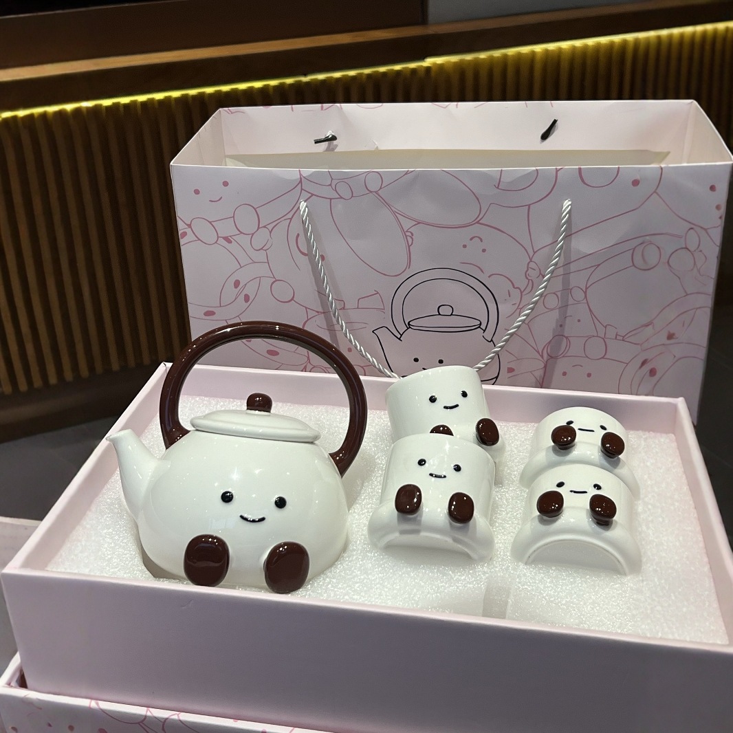 Pequeño libro rojo con el mismo estilo, pies gordos, taza de cerámica, juego de té, taza de agua de dibujos animados lindo para el hogar, tetera, caja de regalo, regalo