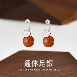 S999银南红圆珠如意耳坠简约时尚百搭国风系列耳钩耳饰品