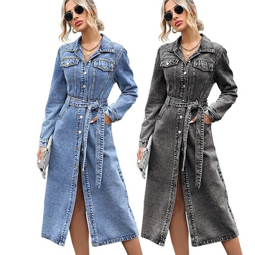Women's Autumn/Winter Long Sleeve Tied-Waist Dress with Denim Jacket Top - Versatile and Elegant - Independent Station