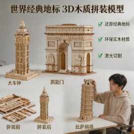 3D立体木质拼图经典地标建筑比萨斜塔激光切割益智手工DIY玩具拼