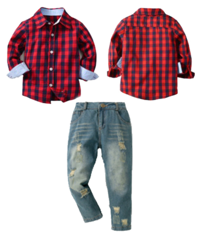 빨간 체크 데님 찢어진 청바지