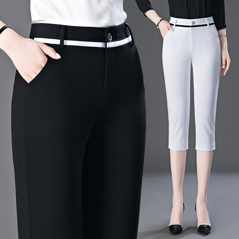 Summer 2024 New Arrival High Waist Stretch Cropped Small Straight Pants Large Size Slimming Casual Thin Mid-length Pants for Middle-aged Mothers