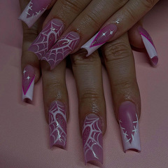 French Manicure with Long Ballet Triangle French Heart Splicing Spider Web Design Halloween Sweet Spice Girl Wearing Nail Art Nail Sheet Complete Nail Piece