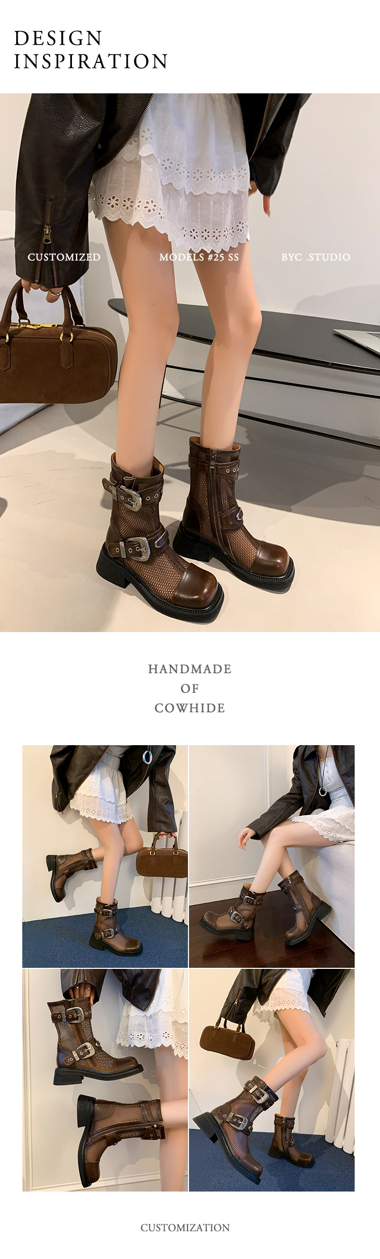 Boot nữ cổ thấp dây buộc phối khóa, đế dày platform lưới thoáng khí — màu nâu, màu đen chi tiết 2