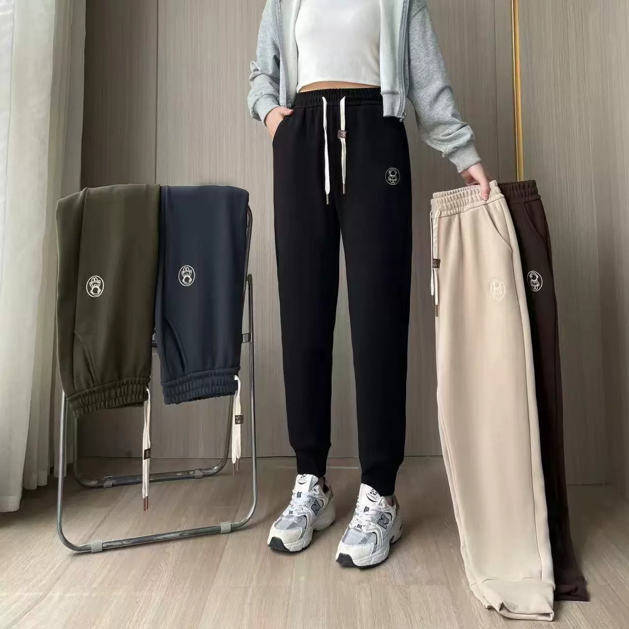 防风裤女春秋收口新款百搭抽绳卫裤运动裤百搭哈伦沐丝绒女休闲裤