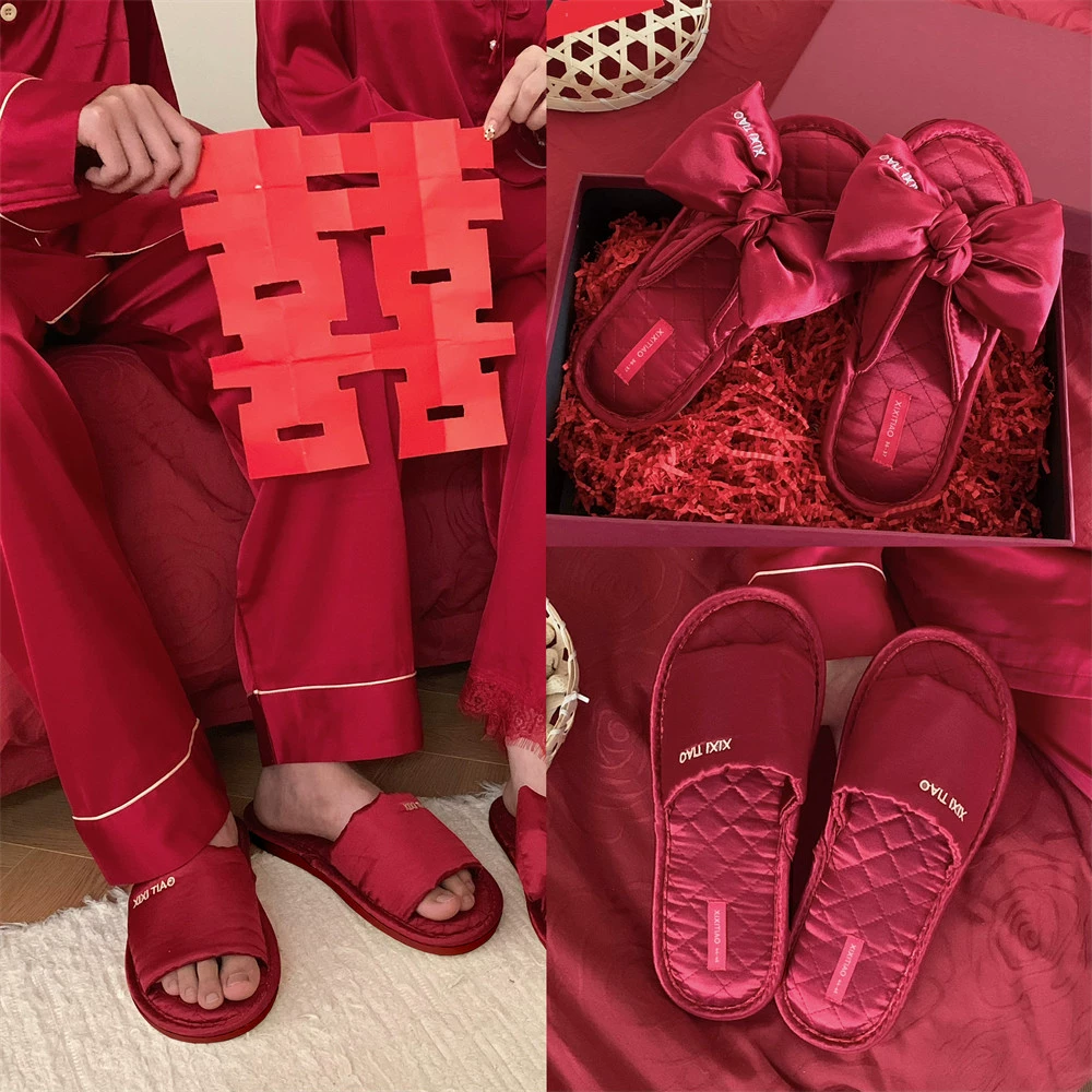 Купите один бесплатно четыре сезона универсальная домашняя свадебная зимняя пара обувь праздничная легкая роскошь премиум-класса красные тапочки для мужчин и женщин