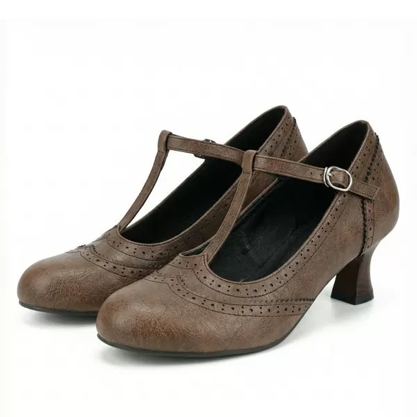 Brogue Women's Shoes, Retro British Style, Chunky High Heels, T-Strap, Export Women's Shoes, Floral Pattern, Women's High-Heeled Single Shoes