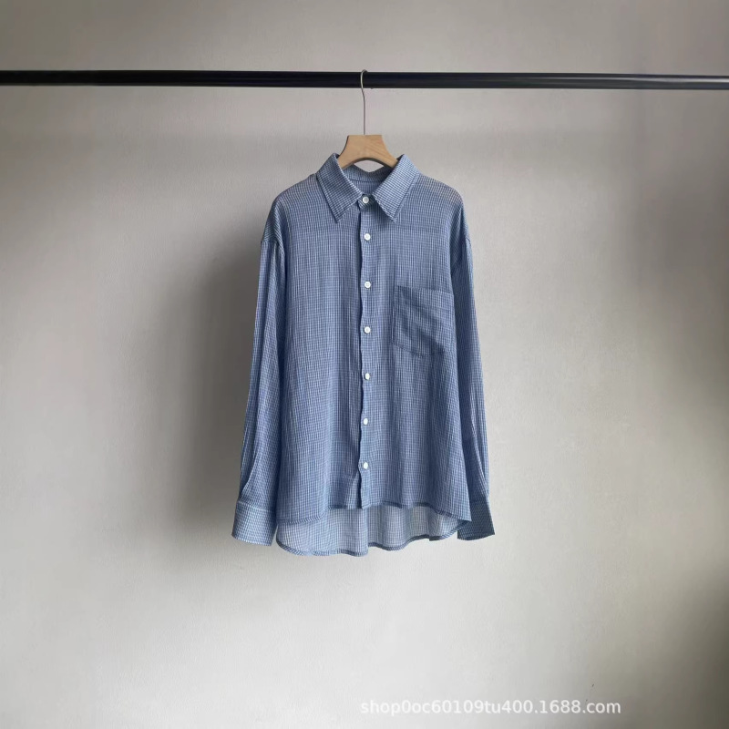 Korean-Style Sea Salt Blue Shirt 2026 Early Spring Ultra-Soft Cotton Yarn Texture Loose Lazy Style Plaid Collared Top for Women