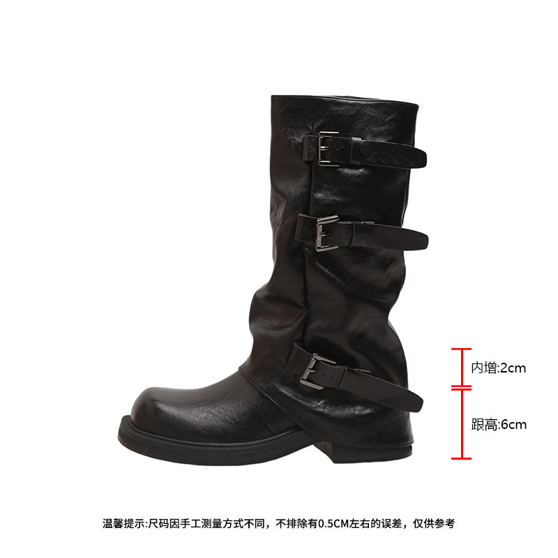 增高8cm~葡萄妈款皮带扣方圆头褶皱中筒骑士西部褶皱堆堆裤管女靴|undefined