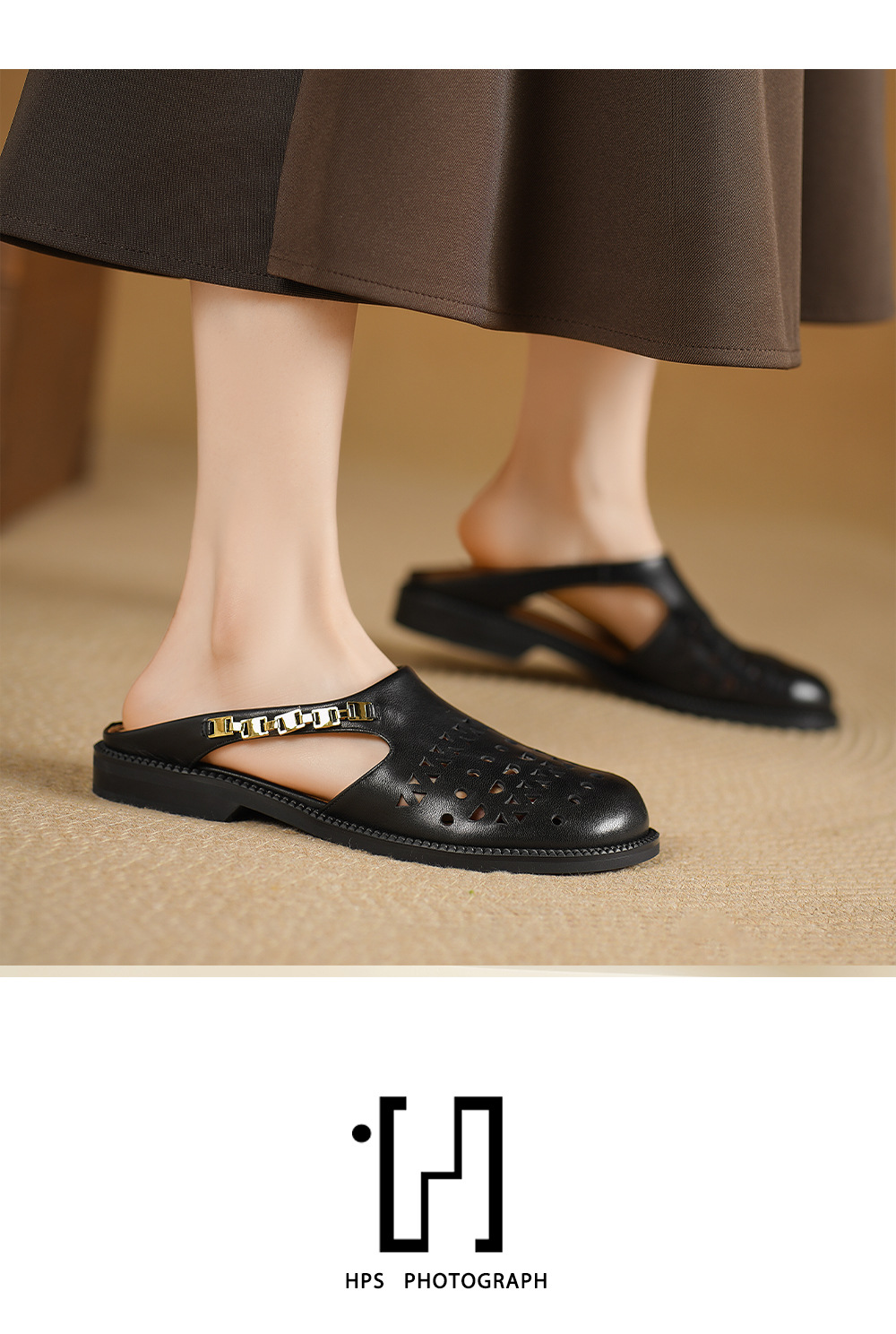 Dép sandal nữ da bò mũi trùm đế bệt kiểu lỗ thoáng khí — đen chi tiết 12