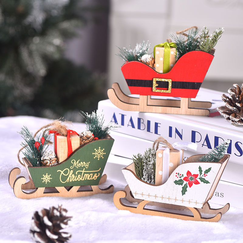 クリスマス用品 クリスマス木製ソリオーナメント クリスマスツリー装飾ソリペンダント 雰囲気のあるクリスマスデコレーション|undefined