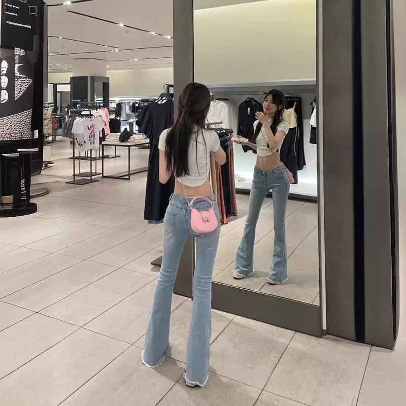 美式设计感毛边微喇叭牛仔裤女2025春秋季低腰辣妹修身拖地长裤潮|undefined