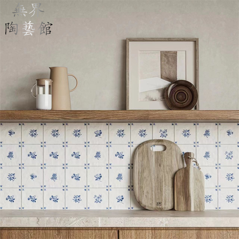 New Chinese Style Cyber Celebrated Blue and Flower Tile Kitchen Bathroom Balcony Bar Background Wall Tile Retro Non-Slip Floor Tile Small Tile