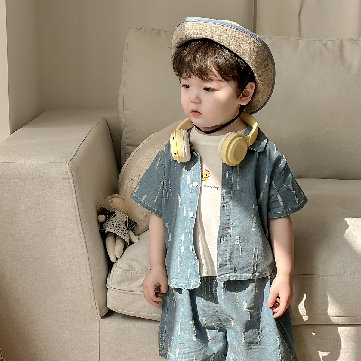 点兮男童套装夏装帅气男宝宝牛仔衬衫洋气短裤婴儿衣服两件套夏季