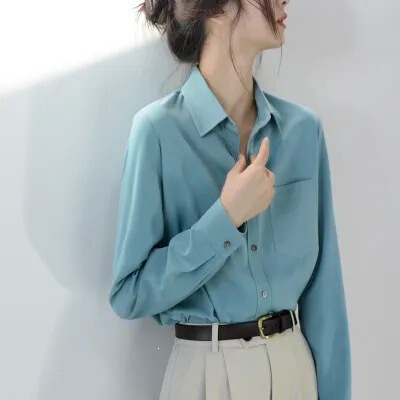 Mulberry silk dark green versatile satin collared shirt for women, suitable for work and commuting, 2026 new autumn top