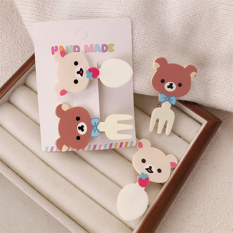 Hermoso tenedor osos pinzas de cabello cuchara de corazón de niña oso pinza de boca de pato creativo viento caricatura para mujeres pinzas de cabello al por mayor
