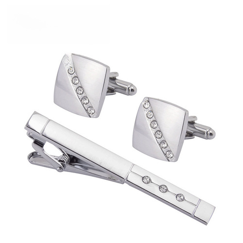 Premium Plain Diamond-embellished Polished Brushed Cufflinks Tie Clip Set for Men