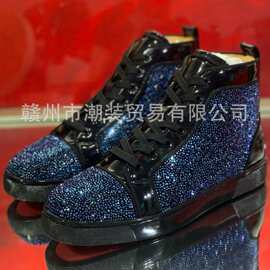cl andgz红底鞋黑色烫蓝钻高帮男鞋水晶女鞋钻鞋情侣休闲鞋大码鞋