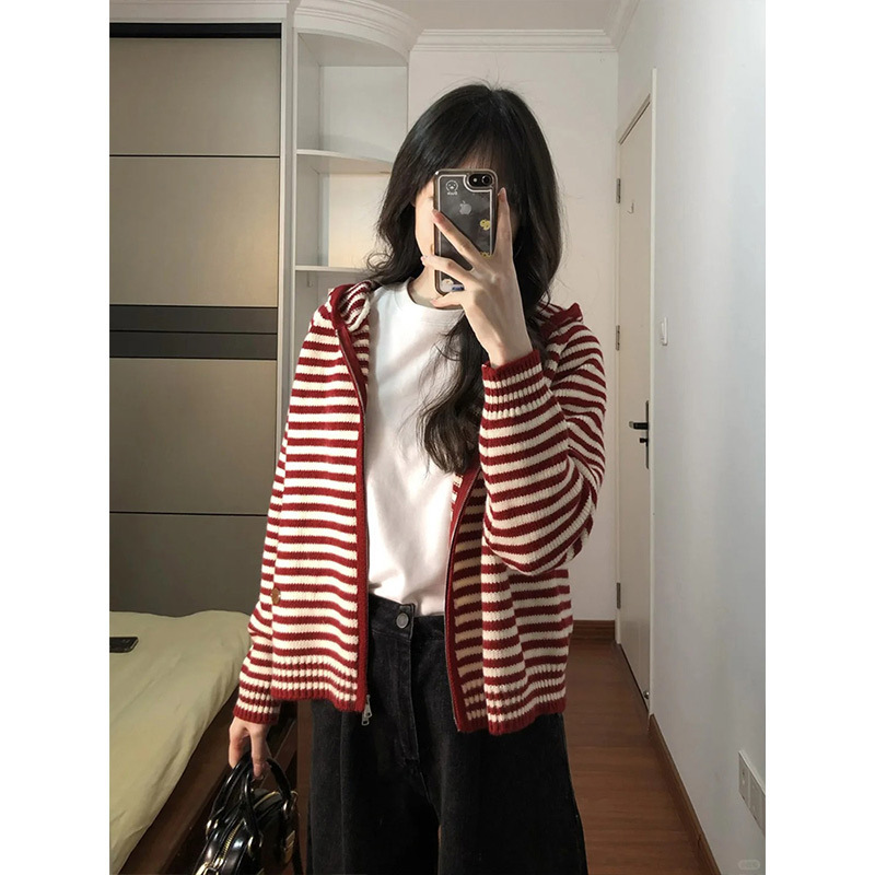 安可拉红百搭条纹连帽毛衣女外套秋冬软糯上衣宽松拉链针织开衫潮|undefined