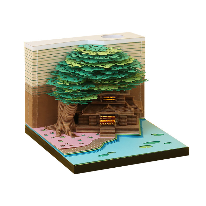 樹屋3d立体便箋文創工芸記念品紙彫刻付箋ビジネスオープンプレゼントデスクトップ置物|undefined