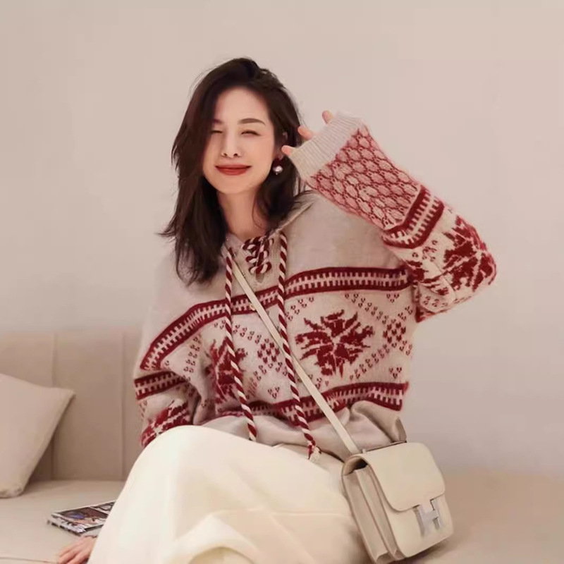 Manufacturer Wholesale New Year and Christmas 100% Wool Thickened Sweater, Lazy Loose Hooded Knitted Base Wool Sweater