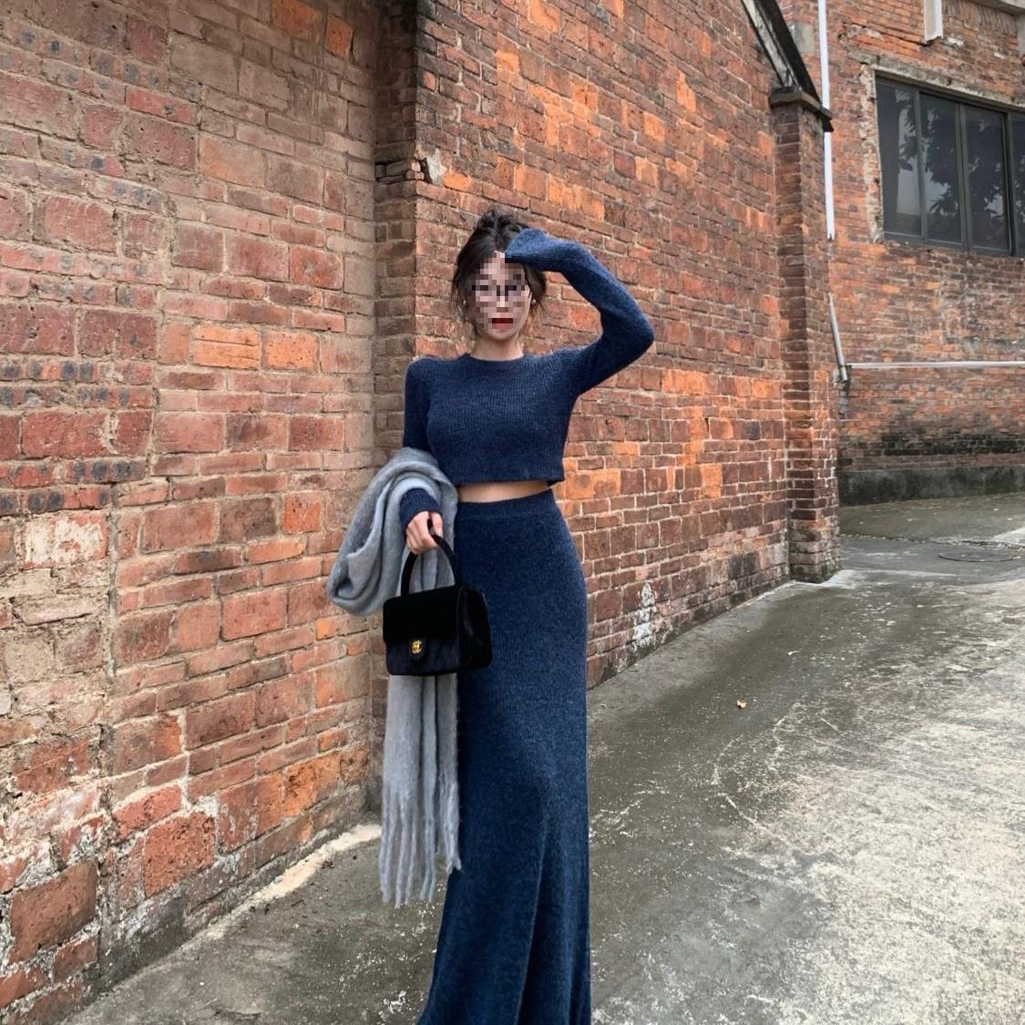 Autumn and Winter Complete Set with Women's High-Waisted Skirt, Long Skirt, Short Long-Sleeved Knitted Sweater Top Two-Piece Set